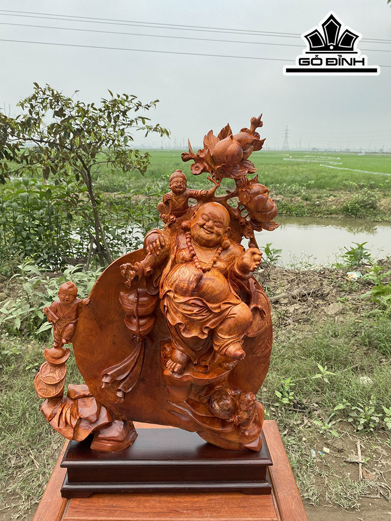 Tượng Phật Di Lặc Nhị Phúc Vác Cành Đào Gỗ Hương Cao 86 Ngang 55 Sâu 23 (cm)