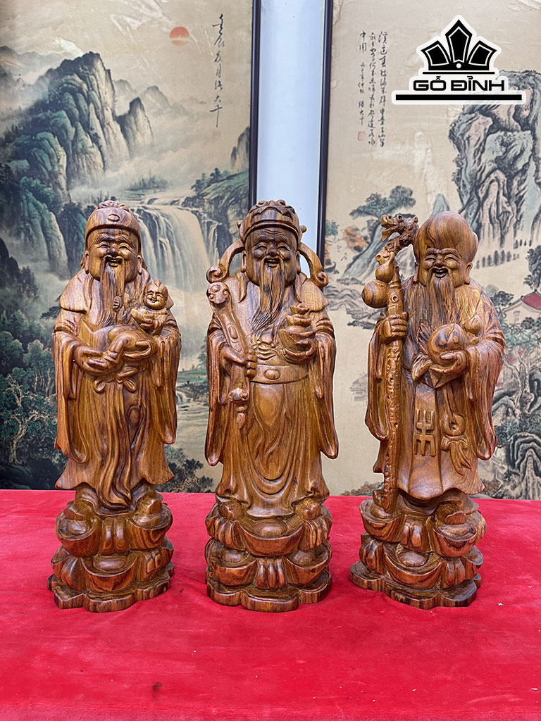 Tượng Phúc Lộc Thọ (Tam Đa) Gỗ Sưa Cao 40 Ngang 14 Sâu 12 (cm)