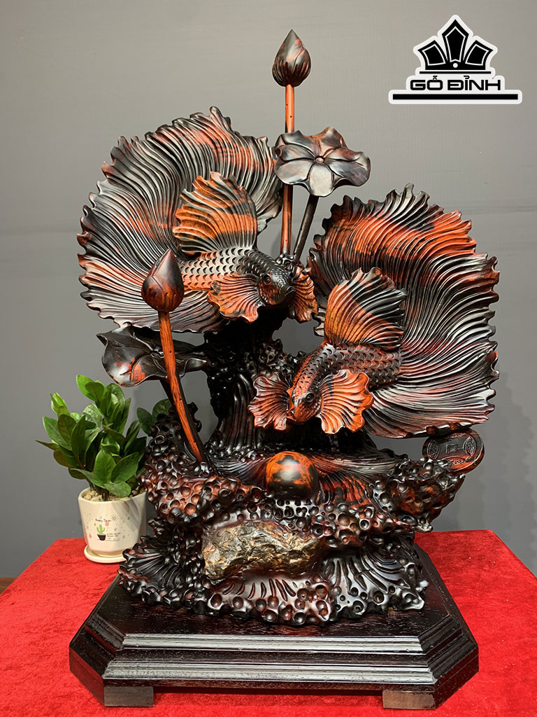 Tượng Cá Xiêm Đôi Gỗ Trắc Cao 76 Ngang 55 Sâu 34 (cm)