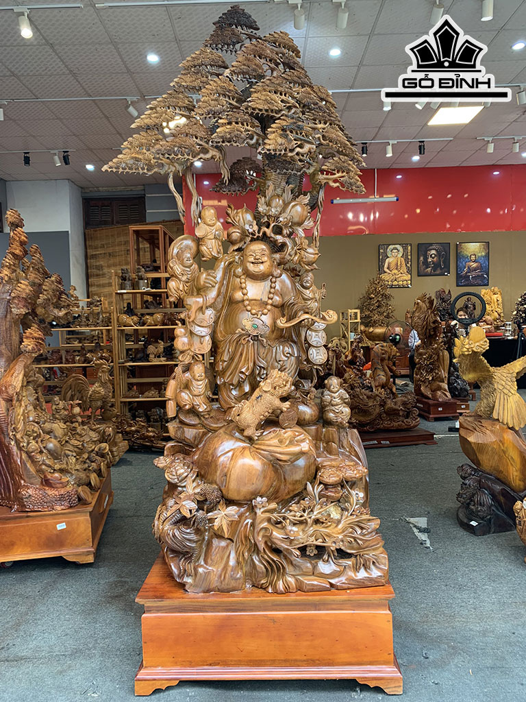 Tượng Phật Di Lặc Ngũ Phúc Gỗ Bách Xanh Cao 215 Ngang 75 Sâu 58 (cm)