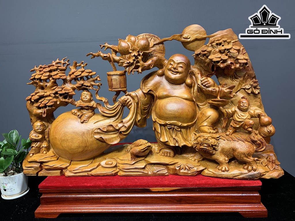 Tượng Phật Di Lặc Tam Phúc Gỗ Hương Cao 52 Ngang 95 Sâu 25 (cm)