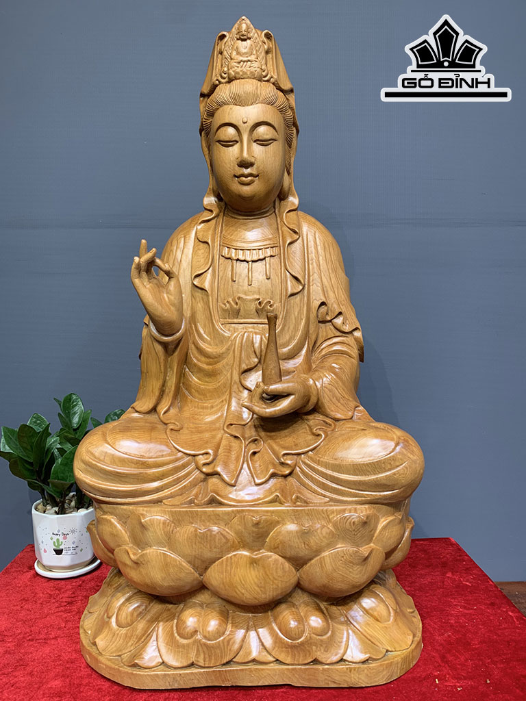 Tượng Quán Thế Âm Bồ Tát Ngự Đài Sen Gỗ Ngọc Am Cao 76 Ngang 41 Sâu 30 (cm)