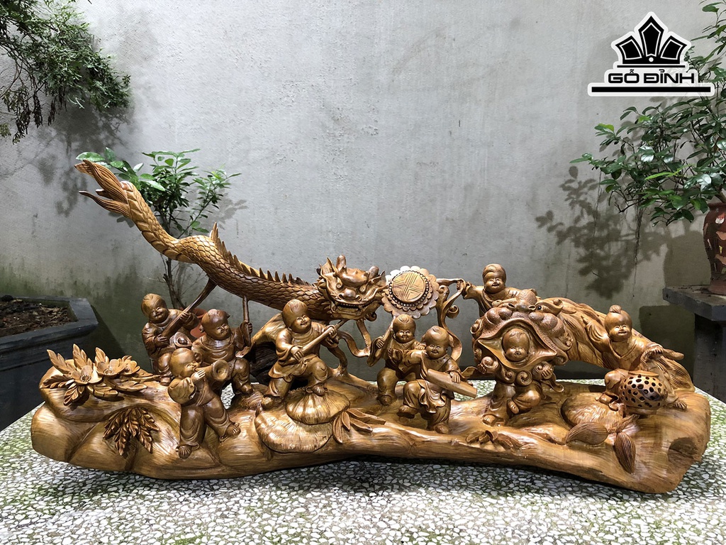 Tượng Cửu Phúc Rước Đèn Trung Thu Gỗ Bách Xanh Cao 40 Ngang 90 Sâu 23 (cm)