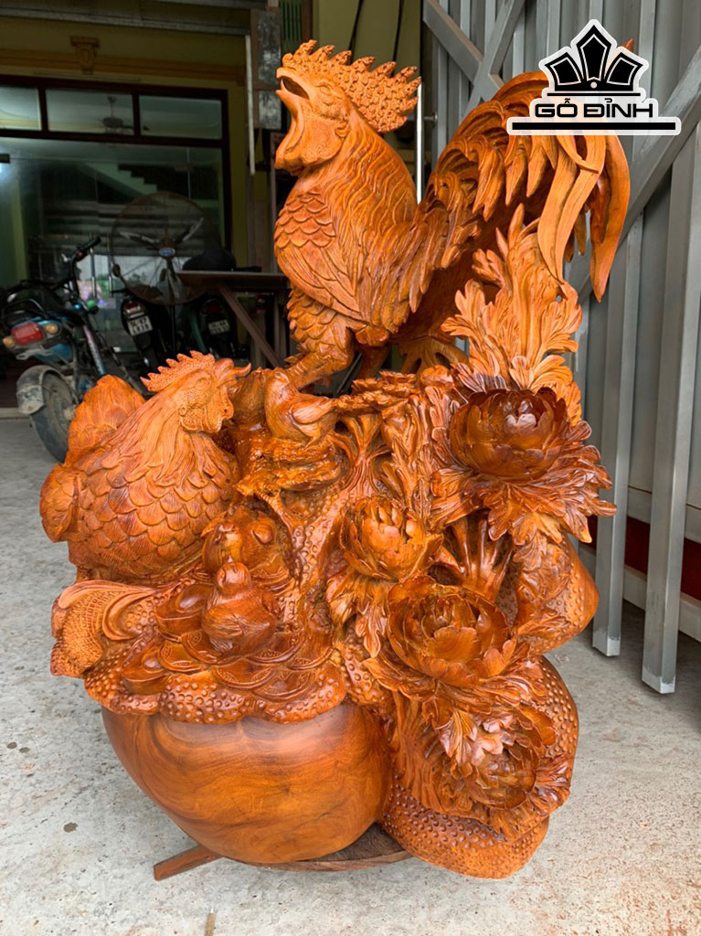 Tượng Gia Đình Gà Gỗ Hương Cao 79 Ngang 60 Sâu 48 (cm)
