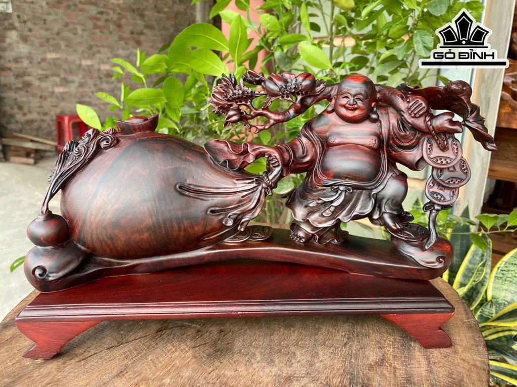 Tượng Phật Di Lặc Kéo Bao Tiền Gỗ Trắc Cao 16 Ngang 33 Sâu 6 (cm)