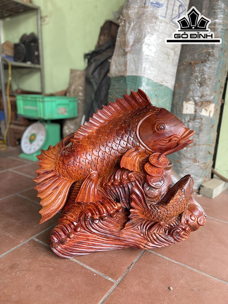 Tượng Song Ngư Mẫu Tử Gỗ Hương Cao 62 Ngang 62 Sâu 36 (cm)