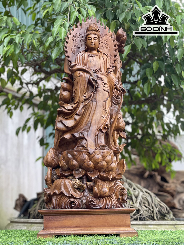 Tượng Phật Bà Liên Hoa Gỗ Bách Xanh Cao 89 Ngang 32 Sâu 29 (cm)