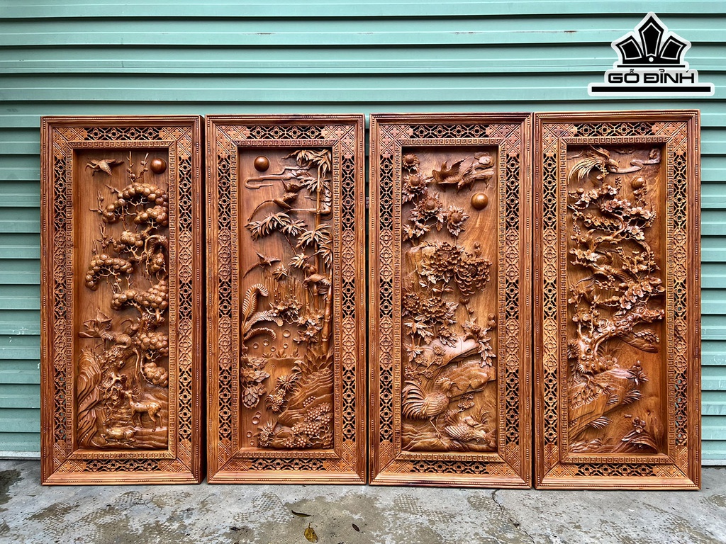 Bộ Tranh Tứ Quý Gỗ Hương Cao 127 Ngang 55 Sâu 7 (cm)
