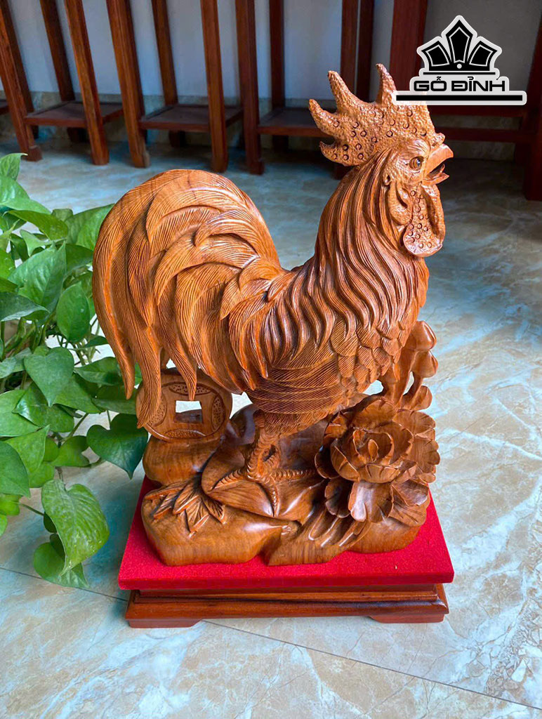 Tượng Gà Trống Gỗ Hương Cao 45 Ngang 25 Sâu 16 (cm)