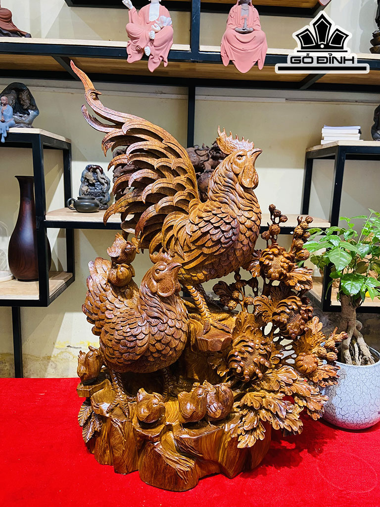 Tượng Gia Đình Gà Gỗ Hương Cao 70 Ngang 55 Sâu 26 (cm)