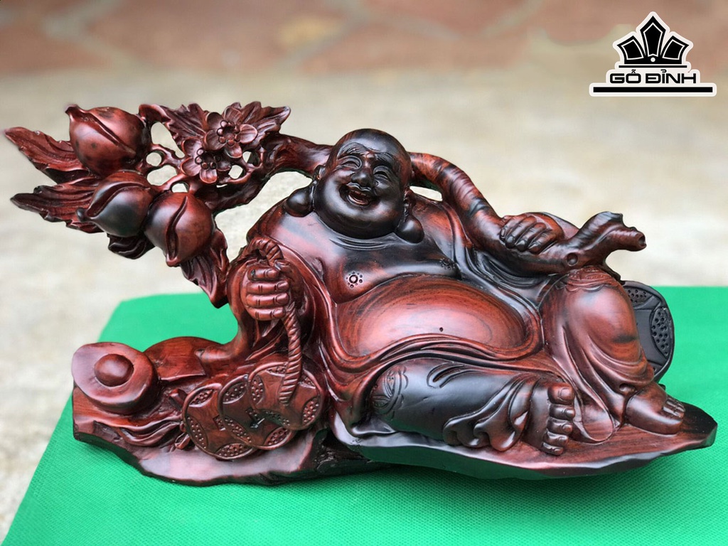 Tượng Phật Di Lặc Vác Cành Đào Gỗ Trắc Cao 17 Ngang 30 Sâu 10 (cm)