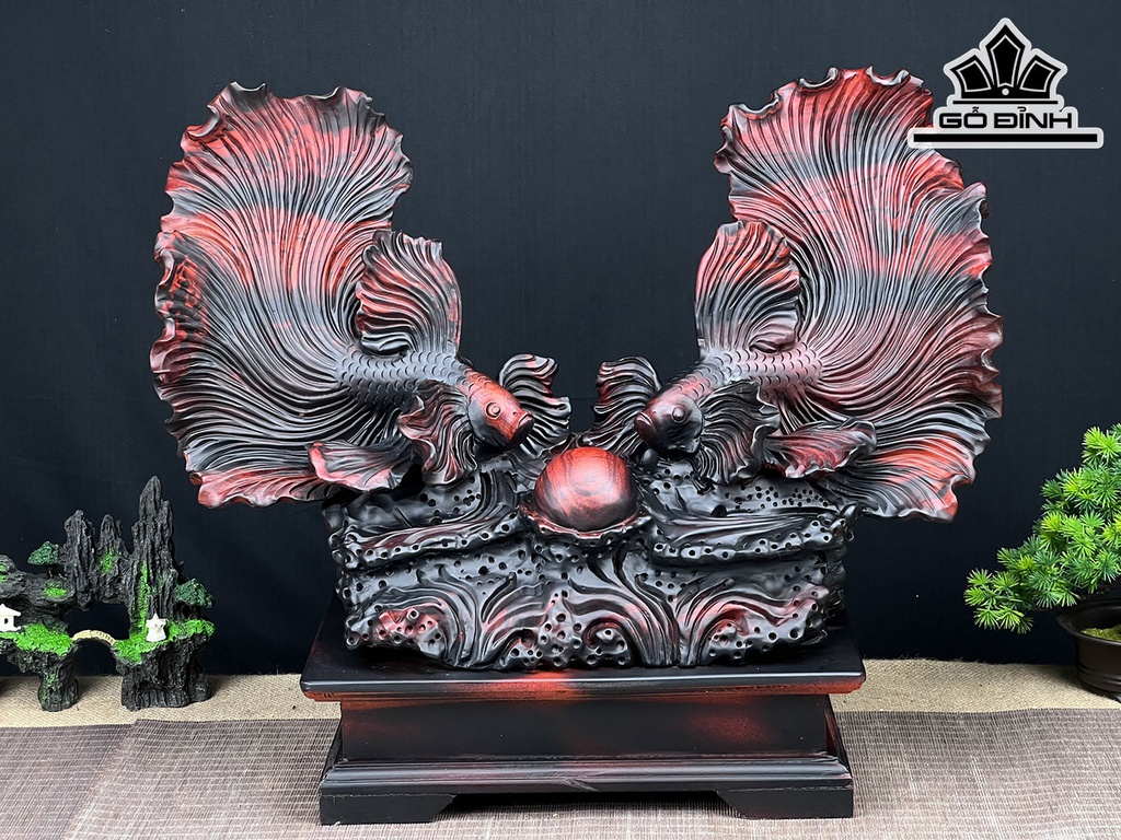 Tượng Cá Xiêm Đôi Gỗ Trắc Cao 47 Ngang 56 Sâu 25 (cm)