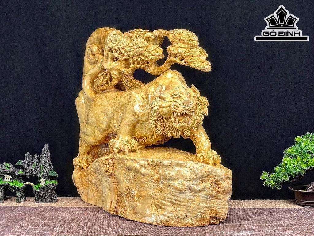 Tượng Hổ Phong Thủy Gỗ Nu Kháo Cao 50 Ngang 58 Sâu 21 (cm)