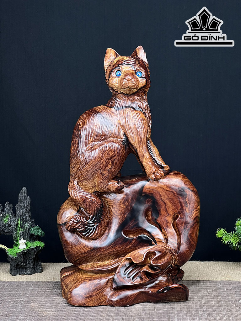 Tượng Mèo Gỗ Cẩm Cao 44 Ngang 25 Sâu 16 (cm)