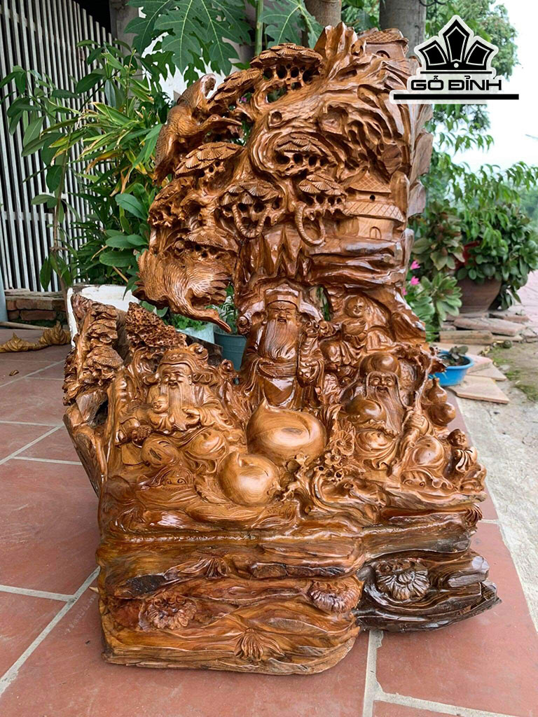 Tượng Phúc Lộc Thọ (Tam Đa) Gỗ Bách Xanh Cao 80 Ngang 60 Sâu 55 (cm)