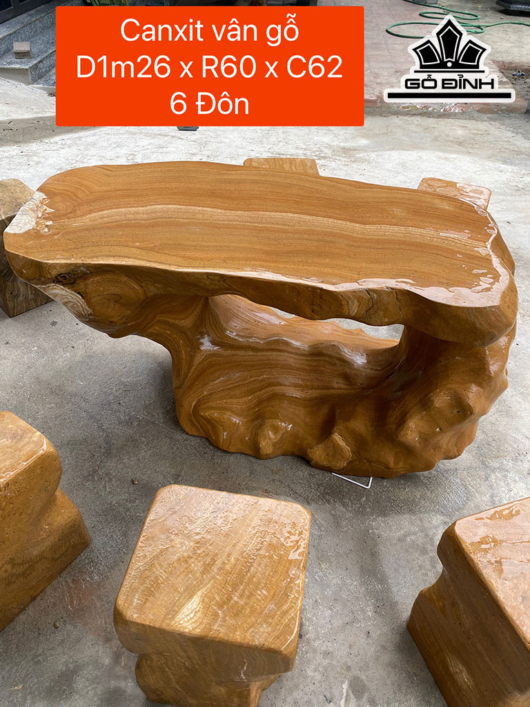 Bộ Bàn 6 Đôn Đá Canxit Bàn Cao 62 Ngang 60 Dài 126 (cm)