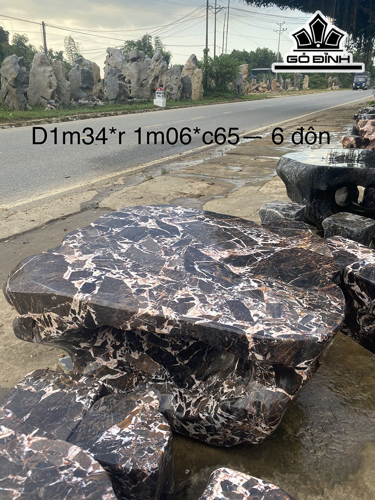 Bộ Bàn 6 Đôn Đá Hoa Báo Vàng Bàn Cao 65 Ngang 106 Dài 134 (cm)