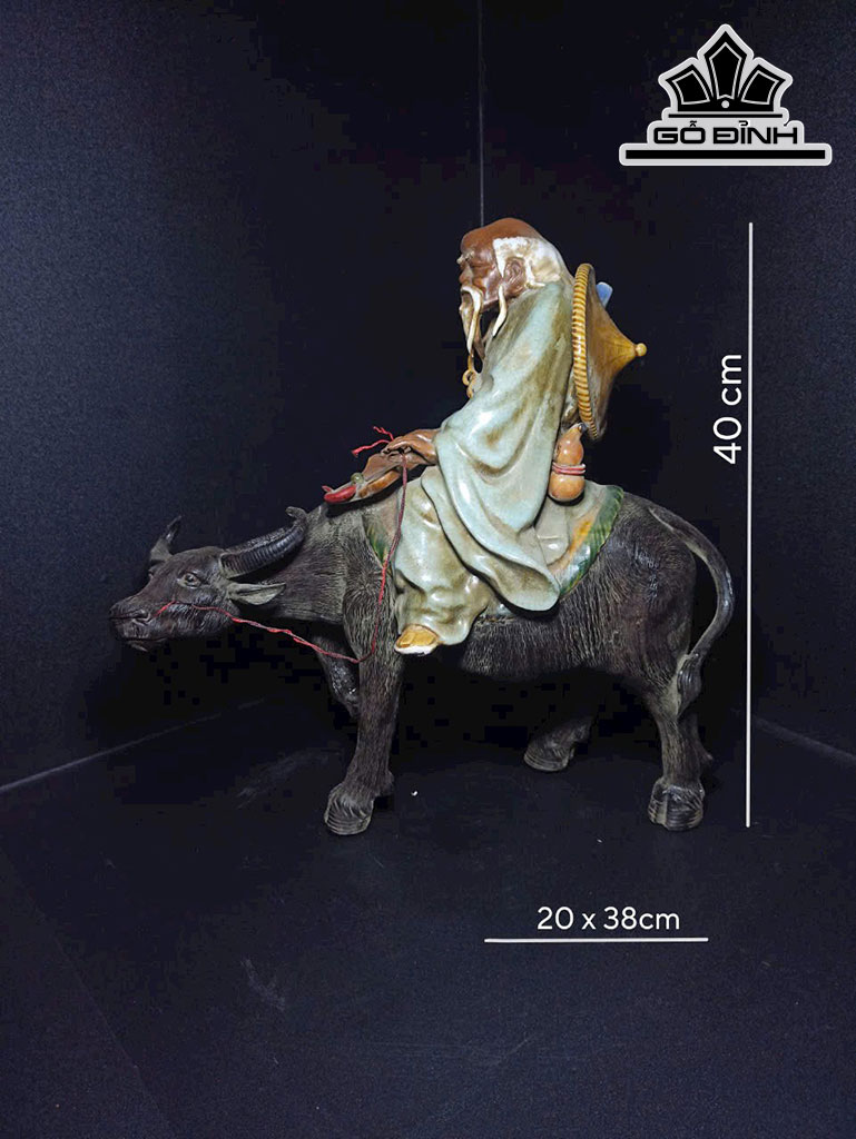 Tượng Lão Tử Cưỡi Trâu Gốm Phật Sơn Cao 40 Ngang 38 Sâu 20 (cm)