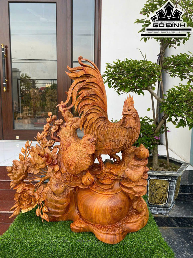 Tượng Gia Đình Gà Gỗ Hương Cao 75 Ngang 70 Sâu 40 (cm)