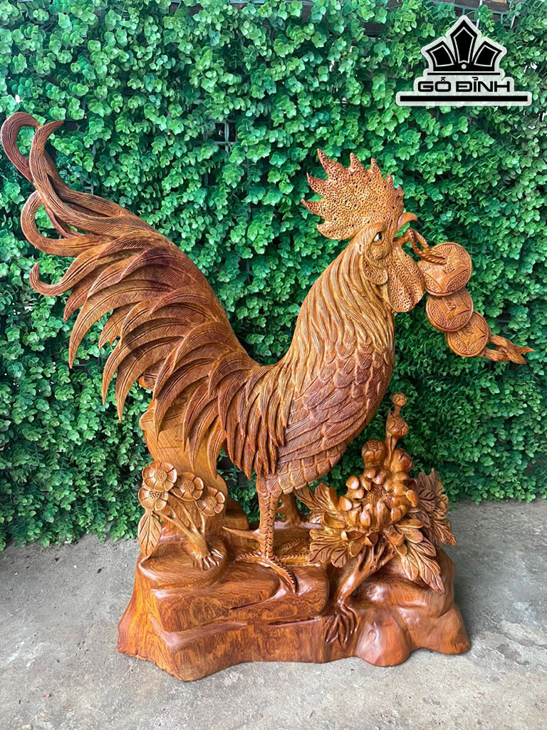 Tượng Gà Trống Phong Thủy Gỗ Hương Cao 60 Ngang 58 Sâu 20 (cm)
