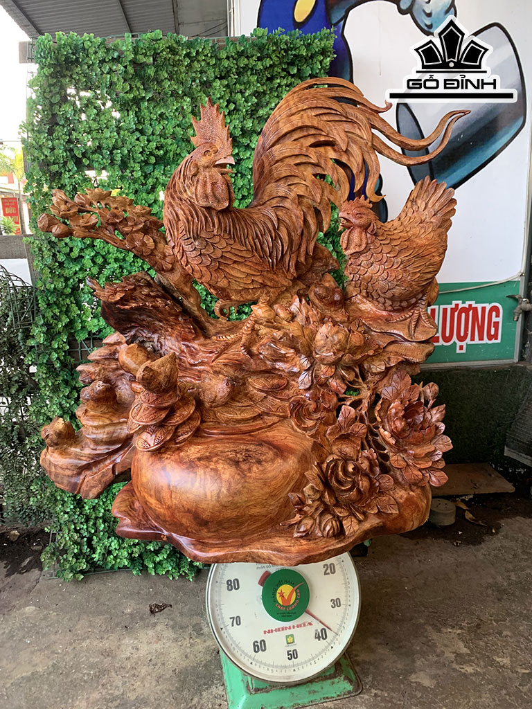 Tượng Gia Đình Gà Gỗ Hương Cao 76 Ngang 75 Sâu 46 (cm)