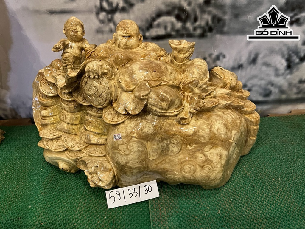 Tượng Di Lặc Nhất Phúc Gỗ Nu Nghiến Cao 33 Ngang 58 Sâu 30 (cm)