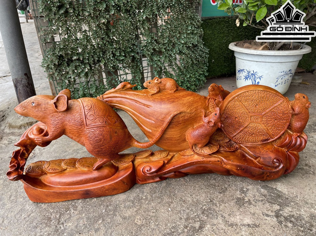 Tượng Chuột Phong Thủy Gỗ Hương Cao 29 Ngang 76 Sâu 18 (cm)