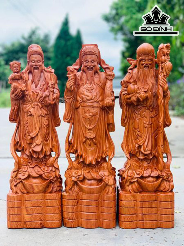Tượng Phúc Lộc Thọ ( Tam Đa) Gỗ Hương Cao 60 Ngang 17 Sâu 14 (cm)