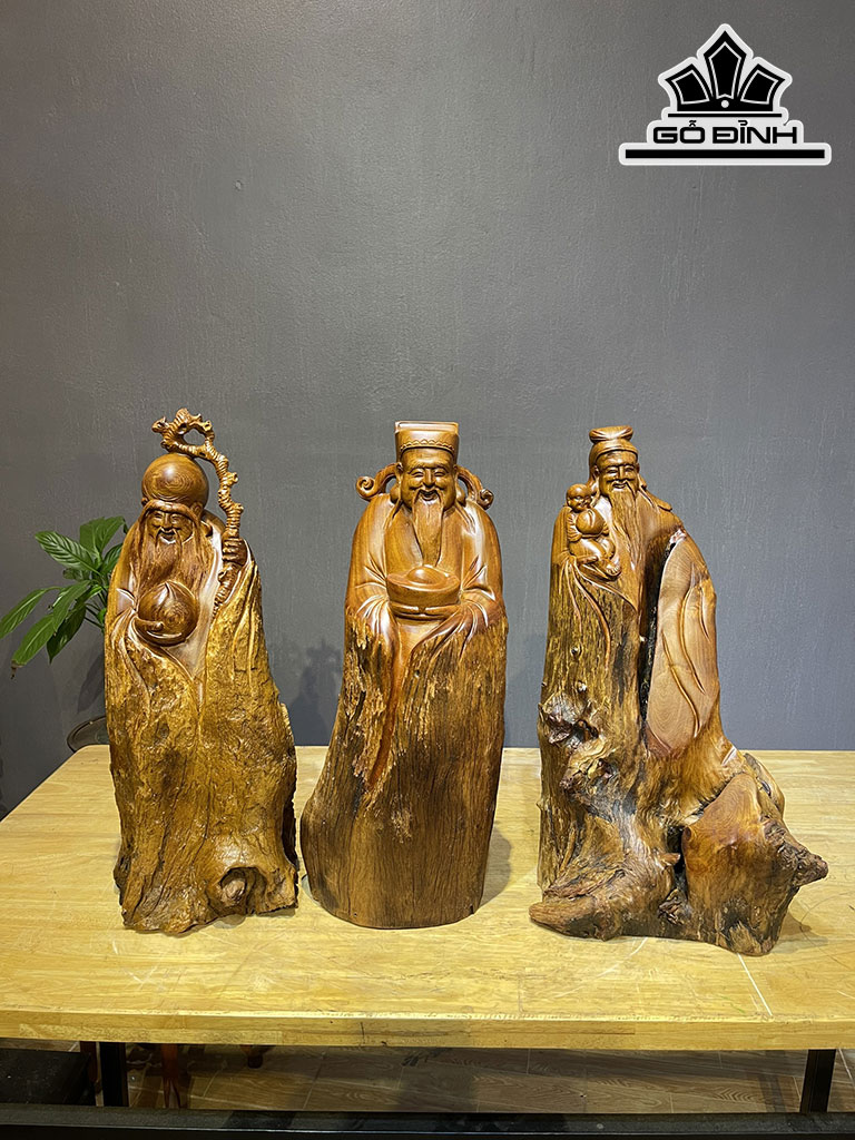 Tượng Phúc Lộc Thọ (Tam Đa) Gỗ Hương Cao 50 Ngang 25 Sâu 20 (cm)