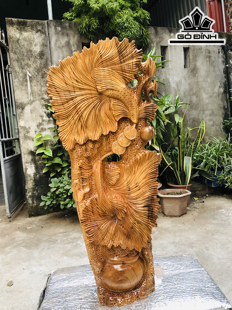 Tượng Cá Xiêm Đôi Gỗ Ngọc Am Cao 95 Ngang 39 Sâu 16 (cm)