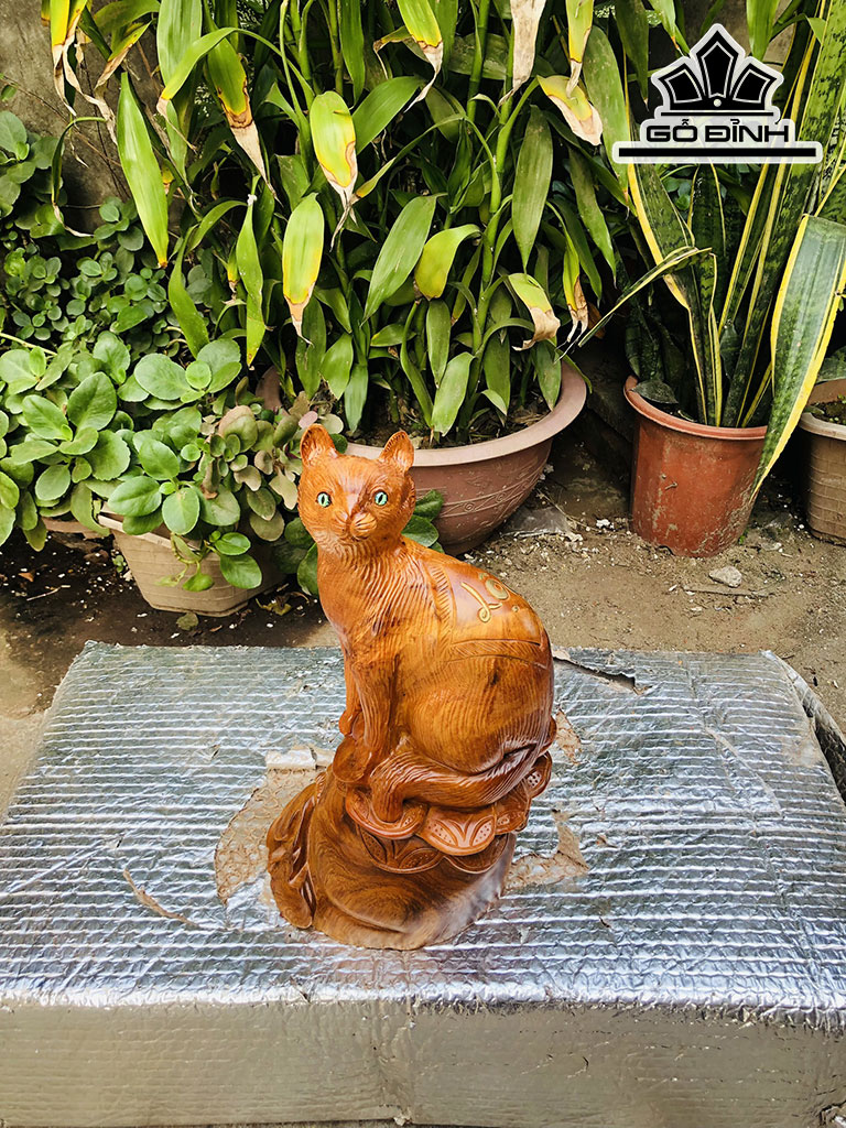 Tượng Mèo Gỗ Hương Cao 36 Ngang 20 Sâu 13 (cm)