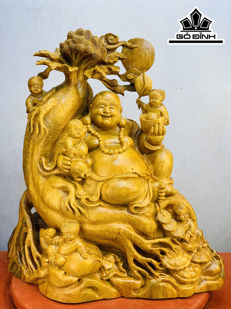 Tượng Phật Di Lặc Ngũ Phúc Ngồi Củ Sâm Gỗ Ngọc Am Cao 75 Ngang 72 Sâu 30 (cm)