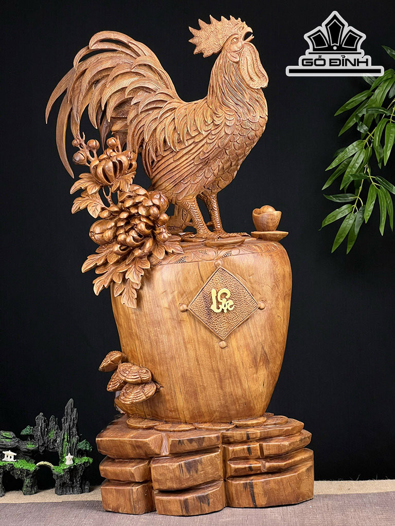 Tượng Gà Trống Gỗ Ngọc Am Cao 85 Ngang 44 Sâu 23 (cm)