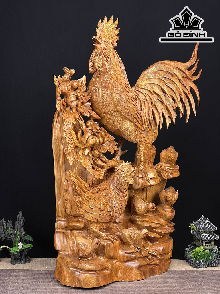 Tượng Gia Đình Gà Gỗ Hương Cao 82 Ngang 59 Sâu 22 (cm)