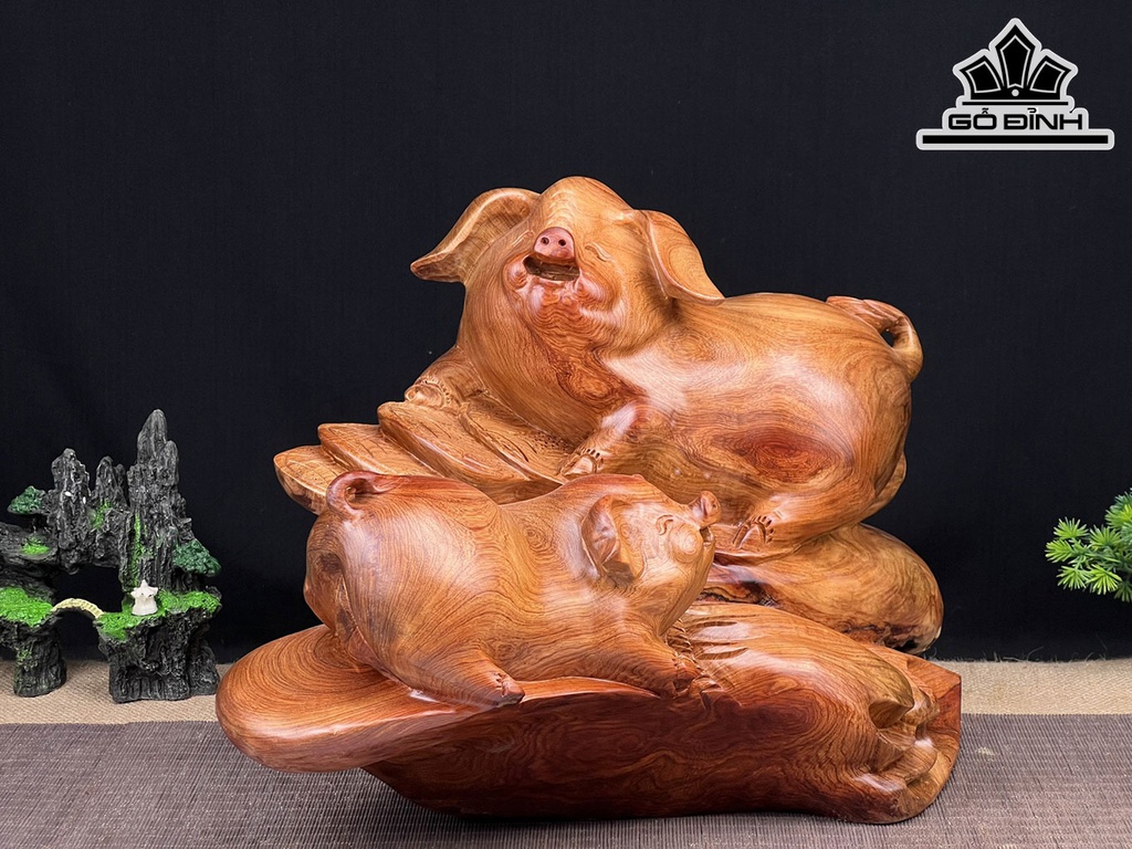 Tượng Heo Gỗ Hương Cao 32 Ngang 48 Sâu 32 (cm)