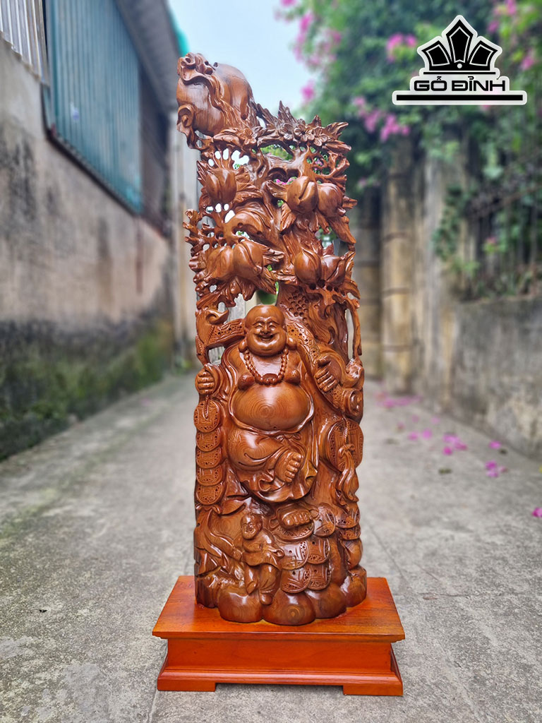 Tượng Phật Di Lặc Vác Cành Đào Gỗ Ngọc Am Cao 97 Ngang 31 Sâu 16 (cm)