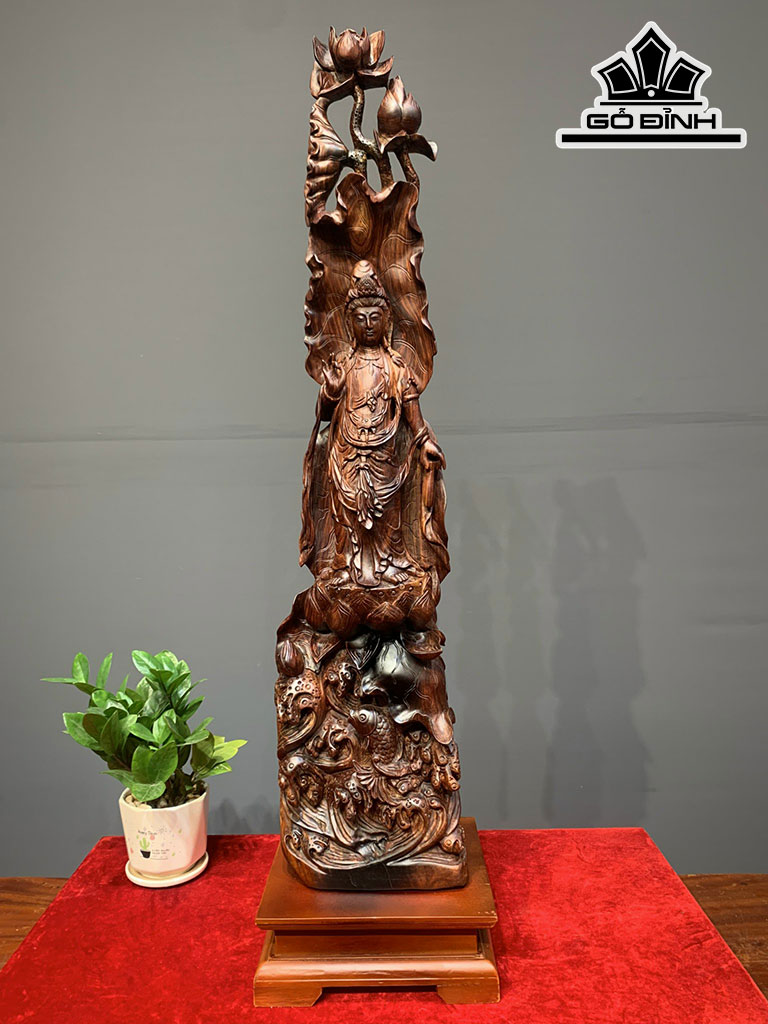 Tượng Phật Bà Quan Âm Gỗ Cẩm Cao 92 Ngang 22 Sâu 20 (cm)