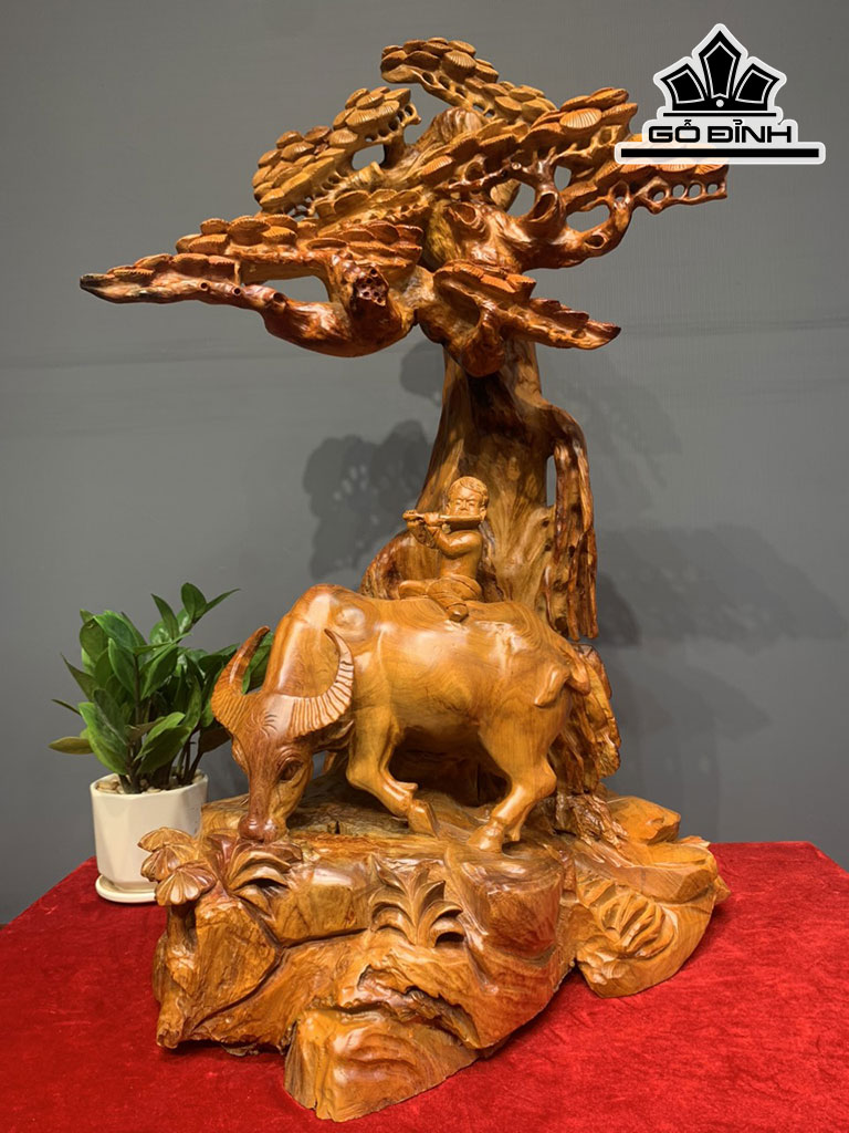 Tượng Tiểu Đồng Chăn Trâu Dưới Cây Tùng Gỗ Hương Cao 75 Ngang 46 Sâu 35 (cm)