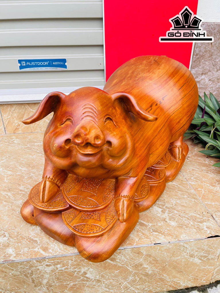 Tượng Heo Gỗ Ngọc Am Cao 32 Ngang 50 Sâu 25 (cm)