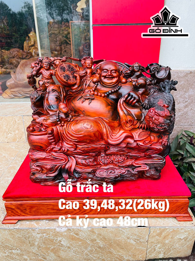 Tượng Phật Di Lặc Tam Phúc Gỗ Trắc Cao 39 Ngang 48 Sâu 32 (cm)