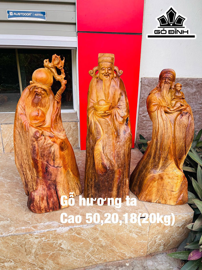Tượng Phúc Lộc Thọ (Tam Đa) Gỗ Hương Cao 50 Ngang 20 Sâu 18 (cm)