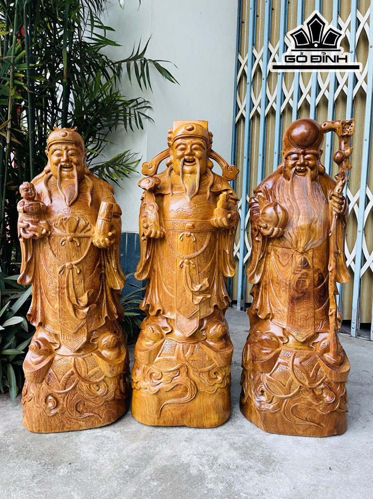 Tượng Phúc Lộc Thọ (Tam Đa) Gỗ Hương Cao 80 Ngang 27 Sâu 25 (cm)