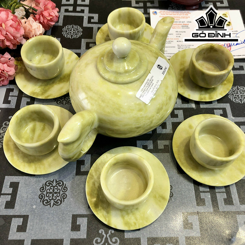 Ấm Chén Đá Serpentine Cao 22 Ngang 11 Sâu 10,5 (cm)