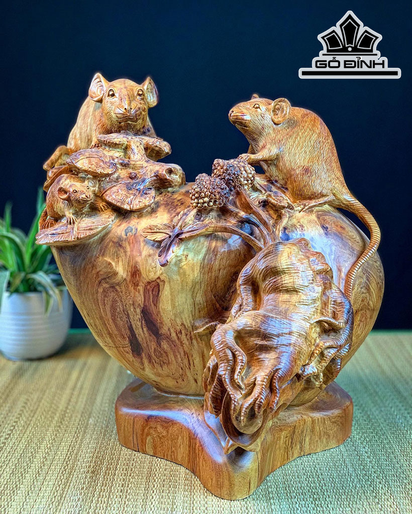 Tượng Gia Đình Chuột Gỗ Hương Cao 36 Ngang 38 Sâu 33 (cm)