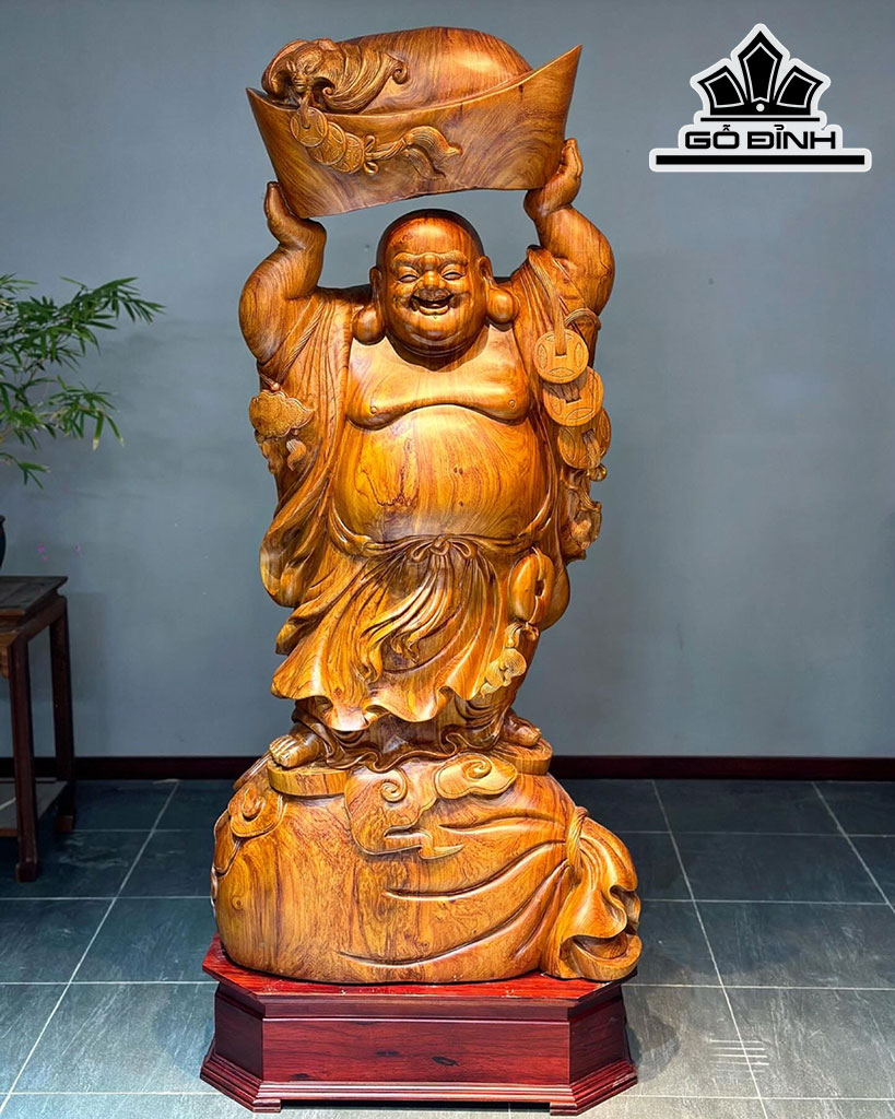 Tượng Phật Di Lặc Bê Bát Vàng Gỗ Hương Cao 145 Ngang 68 Sâu 33 (cm)