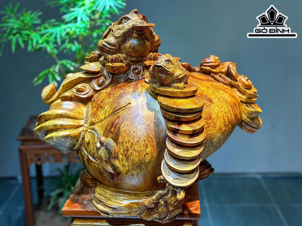 Tượng Song Cóc Trấn Chum Tiền Gỗ Nu Hương Cao 41 Ngang 52 Sâu 43 (cm)