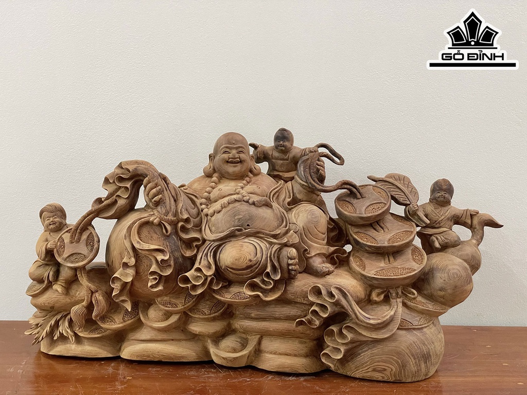 Tượng Phật Di Lặc Tam Phúc Gỗ Ngọc Am Cao 35 Ngang 72 Sâu 20 (cm)