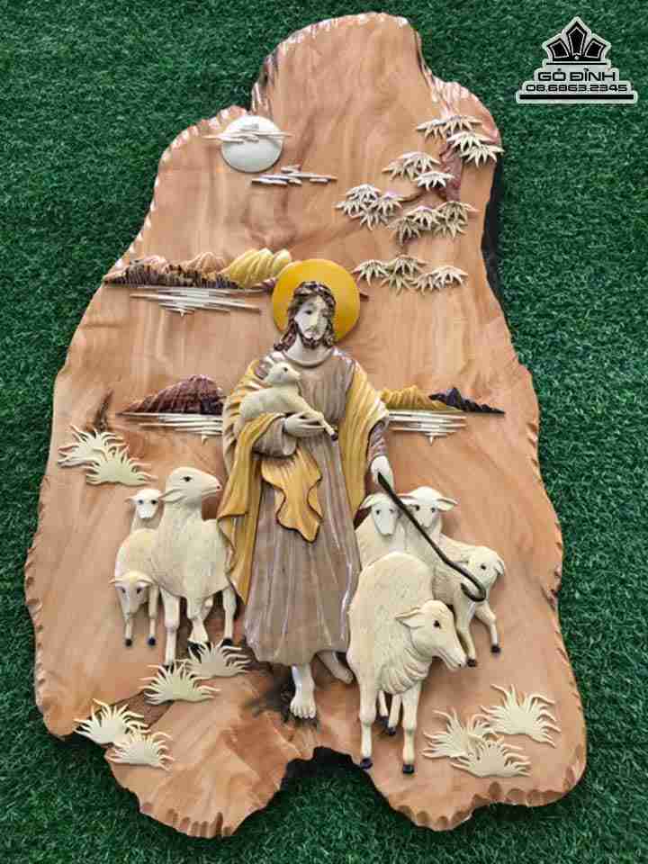 Tranh Chúa Chăn Chiên Gỗ Trai  Rộng 58 Cao 95 Dày 2 (cm)
