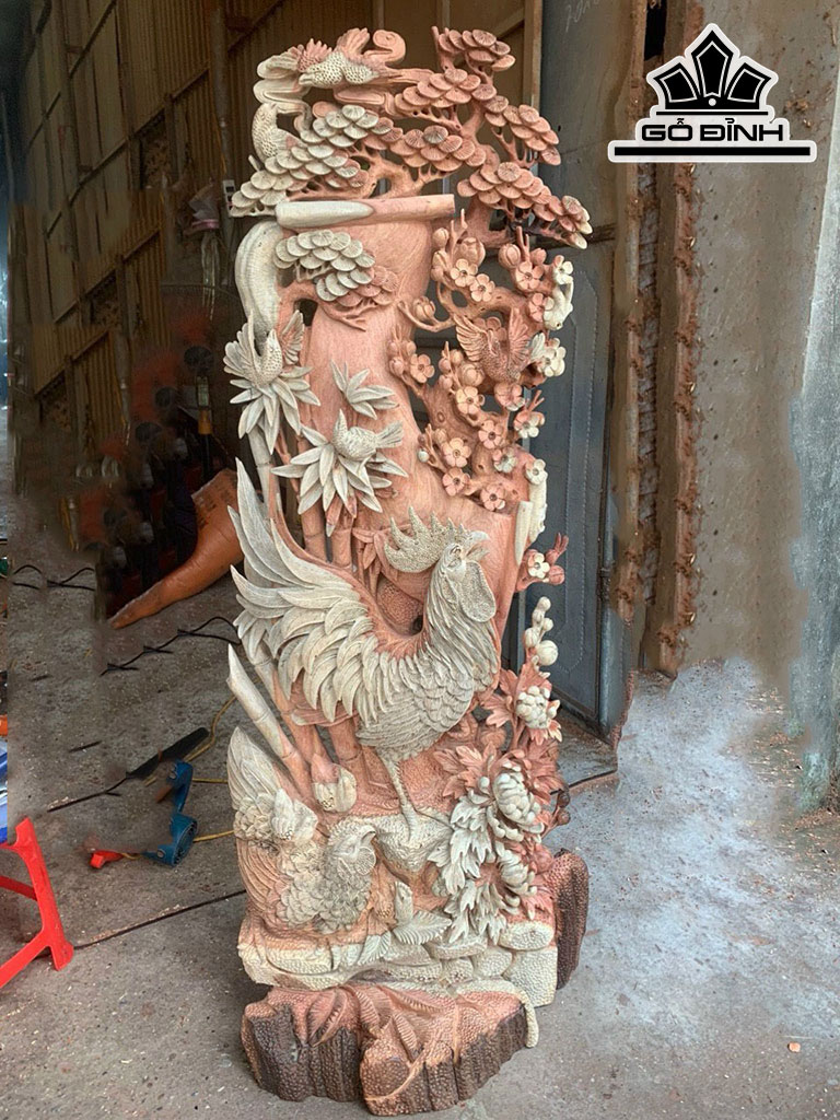 Tượng Gia Đình Gà Gỗ Hương Cao 127 Ngang 50 Sâu 27 (cm)