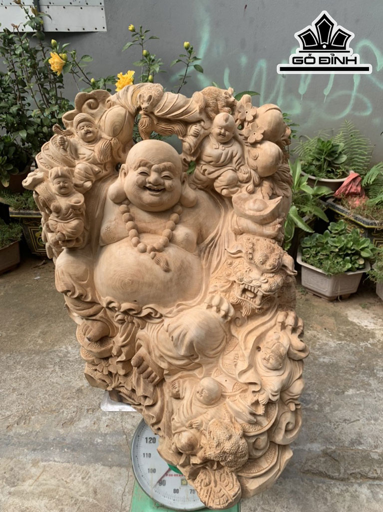 Tượng Phật Di Lặc Ngũ Phúc Gỗ Ngọc Am Cao 62 Ngang 70 Sâu 77 (cm)